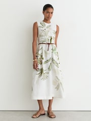 Reiss Ivory/Khaki Palma Linen Palm-Print Midi Dress - Image 4 of 7