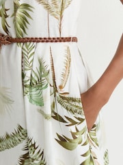 Reiss Ivory/Khaki Palma Linen Palm-Print Midi Dress - Image 6 of 7