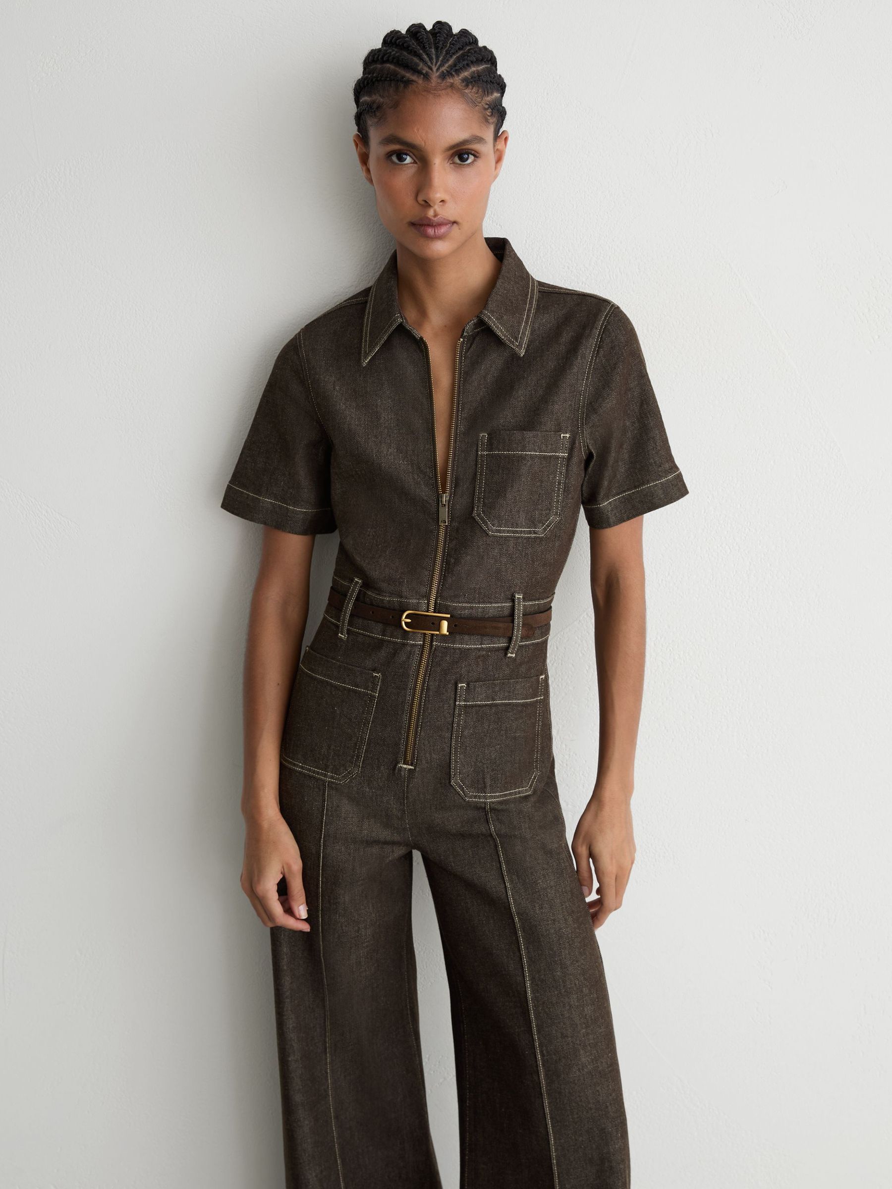 Buy Reiss Chocolate Brown Danie Wide-Leg Zip-Through Denim