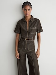 Reiss Chocolate Brown Danie Denim Wide-Leg Jumpsuit - Image 1 of 7