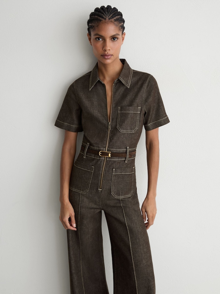 Reiss Chocolate Brown Danie Denim Wide-Leg Jumpsuit - Image 1 of 7