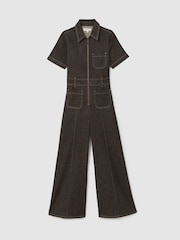 Reiss Chocolate Brown Danie Denim Wide-Leg Jumpsuit - Image 2 of 7