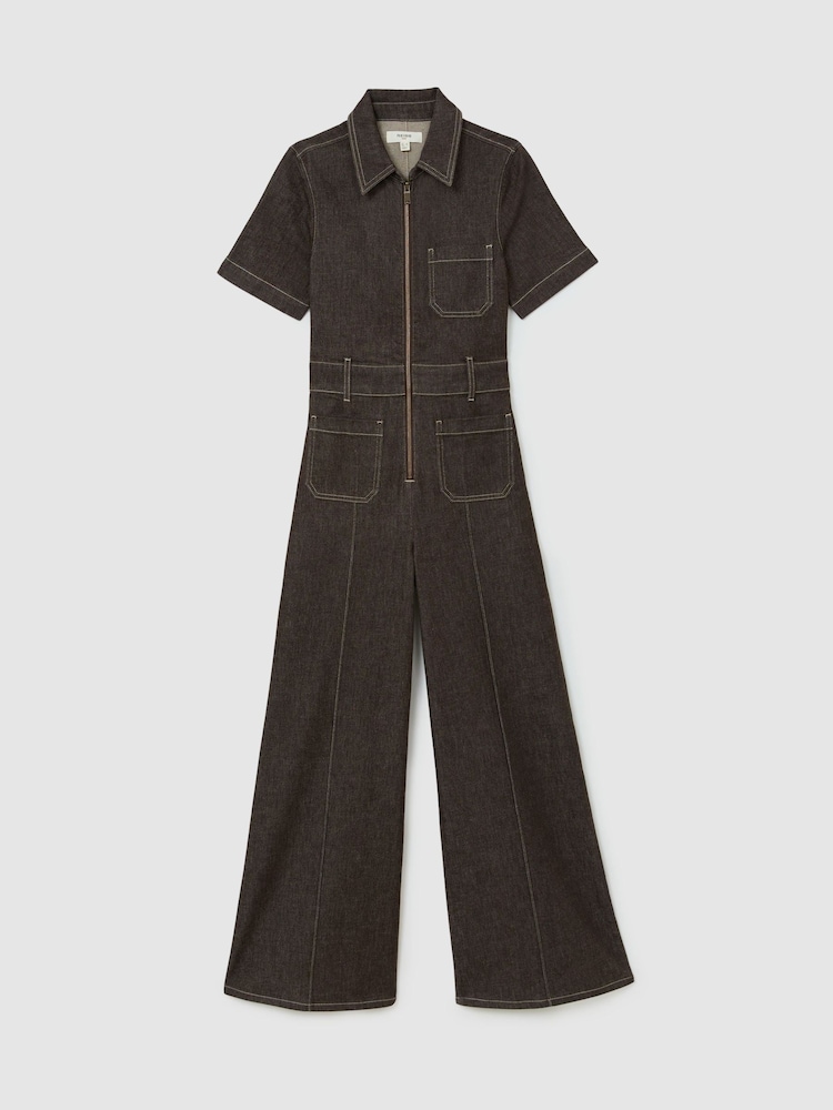 Reiss Chocolate Brown Danie Denim Wide-Leg Jumpsuit - Image 2 of 7