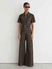 Reiss Chocolate Brown Danie Denim Wide-Leg Jumpsuit - Image 3 of 7