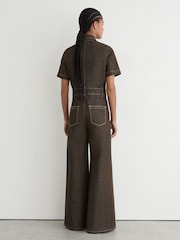 Reiss Chocolate Brown Danie Denim Wide-Leg Jumpsuit - Image 6 of 7