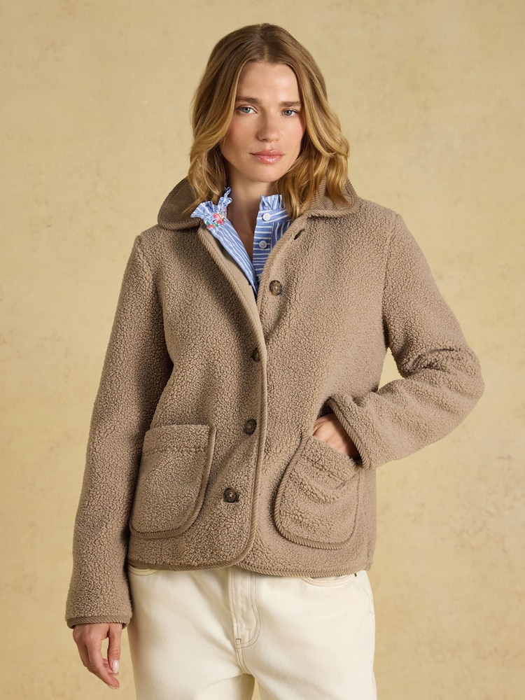 Joules Sadie Mink Brown Button Through Fleece Jacket - Image 1 of 8 Joules Sadie Mink Brown Button Through Fleece Jacket - Image 1 of 8