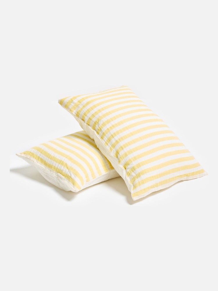 Oliver Bonas Set of 2 Yellow Muslin Striped Pillowcases - Image 1 of 5