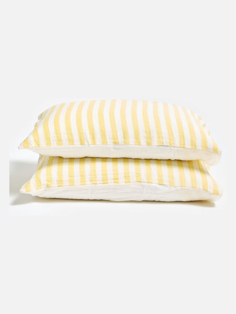 Oliver Bonas Set of 2 Yellow Muslin Striped Pillowcases - Image 2 of 5