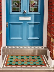 Oliver Bonas Green Hello Gingham Check Doormat - Image 1 of 4