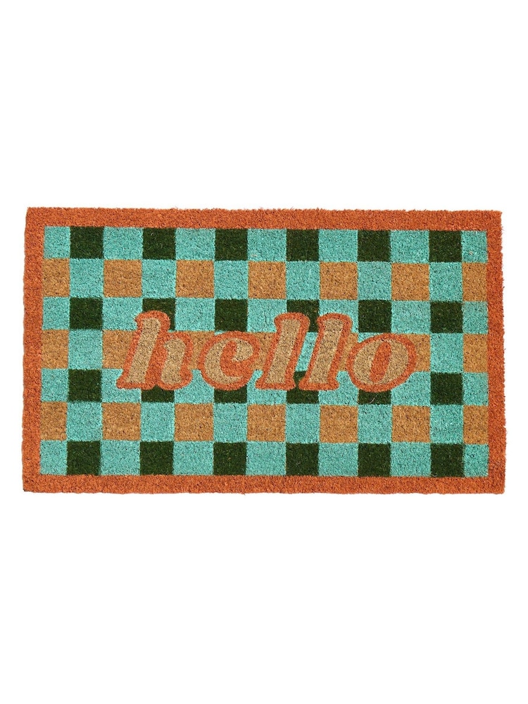 Oliver Bonas Green Hello Gingham Check Doormat - Image 4 of 4