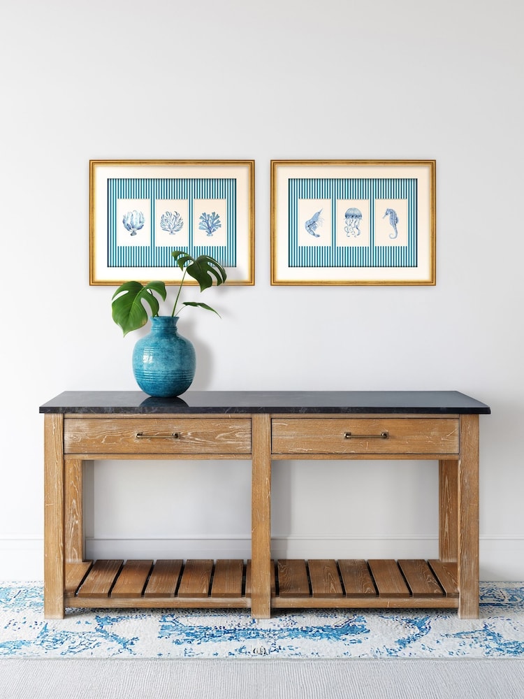 Brookpace Lascelles Blue/White Seaweed' Trio on Stripes in a Slim Frame - Image 1 of 4