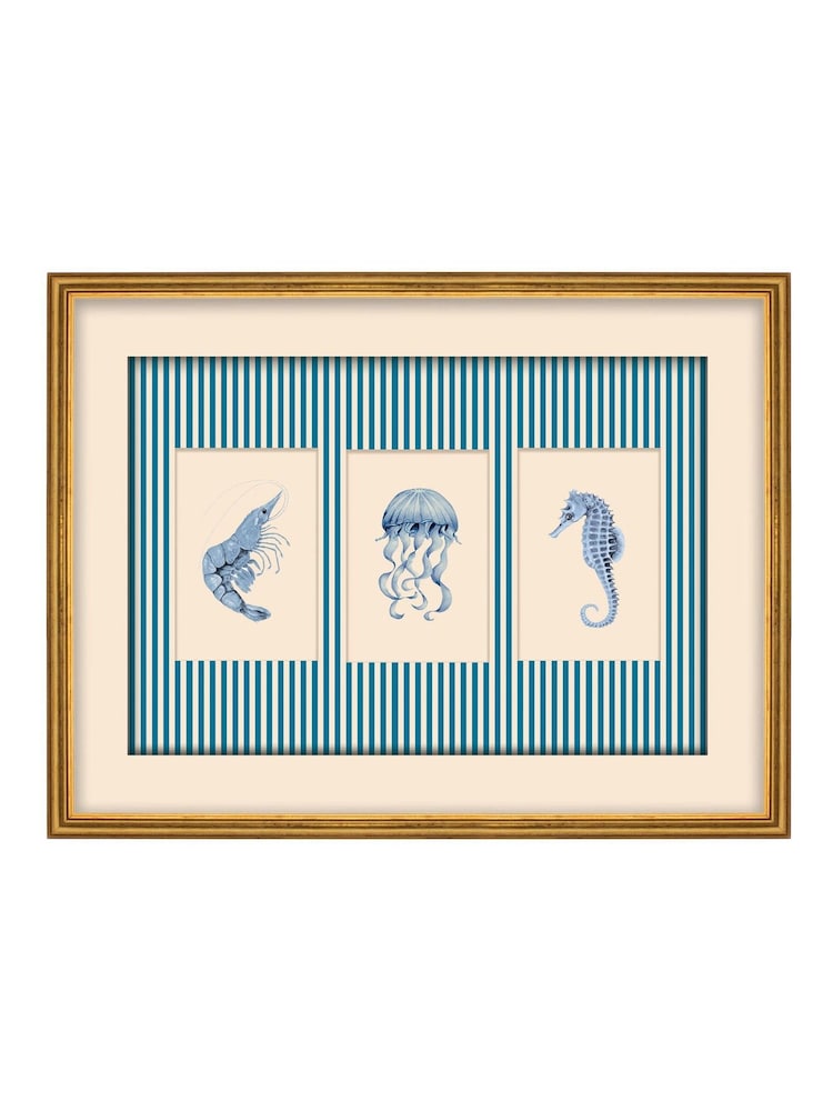 Brookpace Lascelles Blue/White Seaweed' Trio on Stripes in a Slim Frame - Image 2 of 4