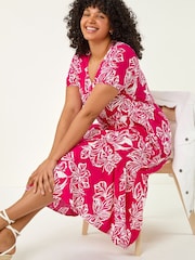 Roman Pink Curve Floral Print Tiered Midi Dress - Image 1 of 5