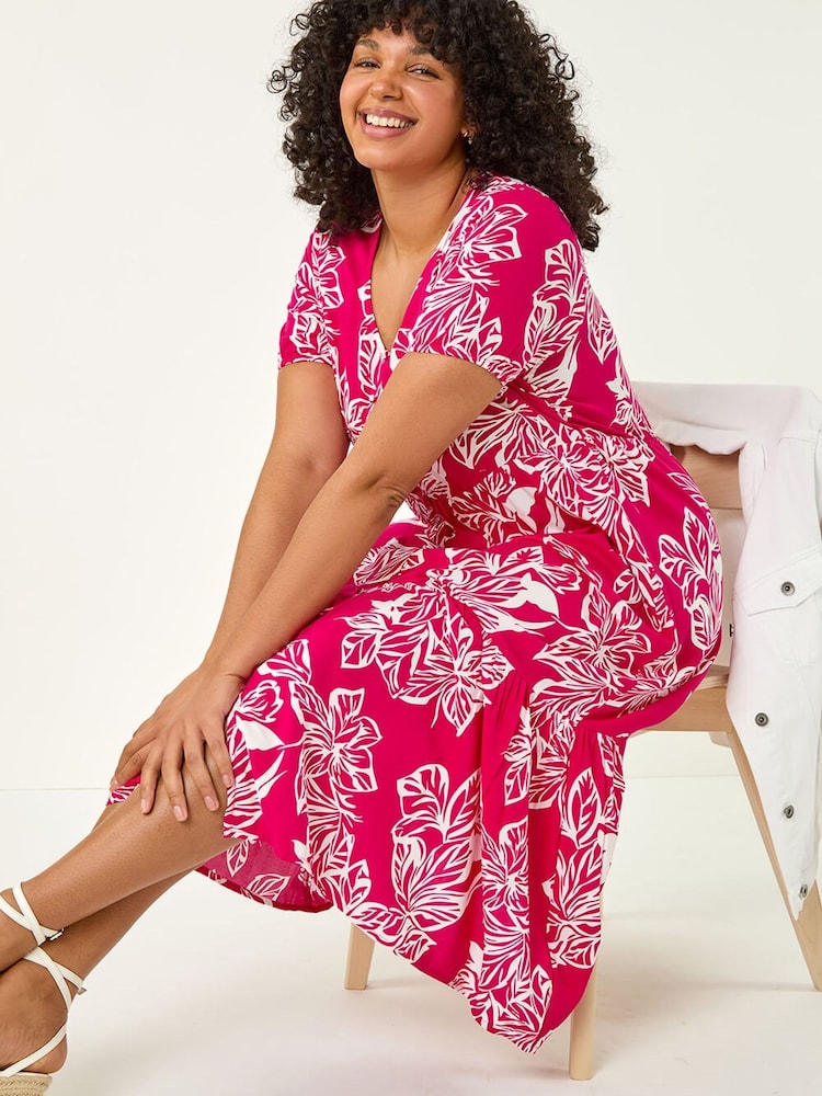 Roman Pink Curve Floral Print Tiered Midi Dress - Image 1 of 5