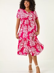 Roman Pink Curve Floral Print Tiered Midi Dress - Image 2 of 5