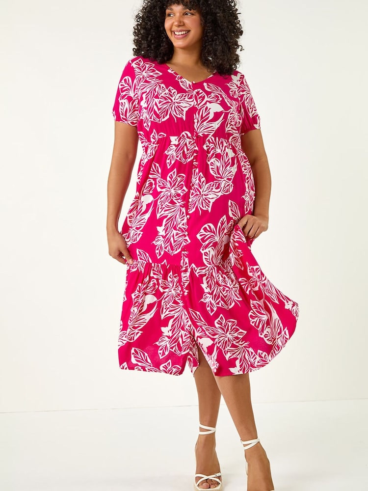 Roman Pink Curve Floral Print Tiered Midi Dress - Image 2 of 5