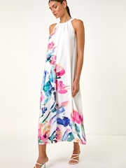 Roman Pink Floral Placement Halter Neck Midi Dress - Image 1 of 5