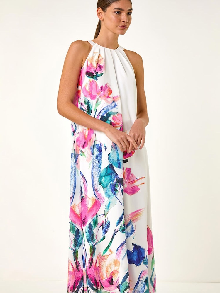 Roman Pink Floral Placement Halter Neck Midi Dress - Image 2 of 5