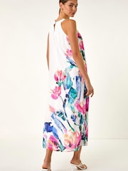 Roman Pink Floral Placement Halter Neck Midi Dress - Image 3 of 5