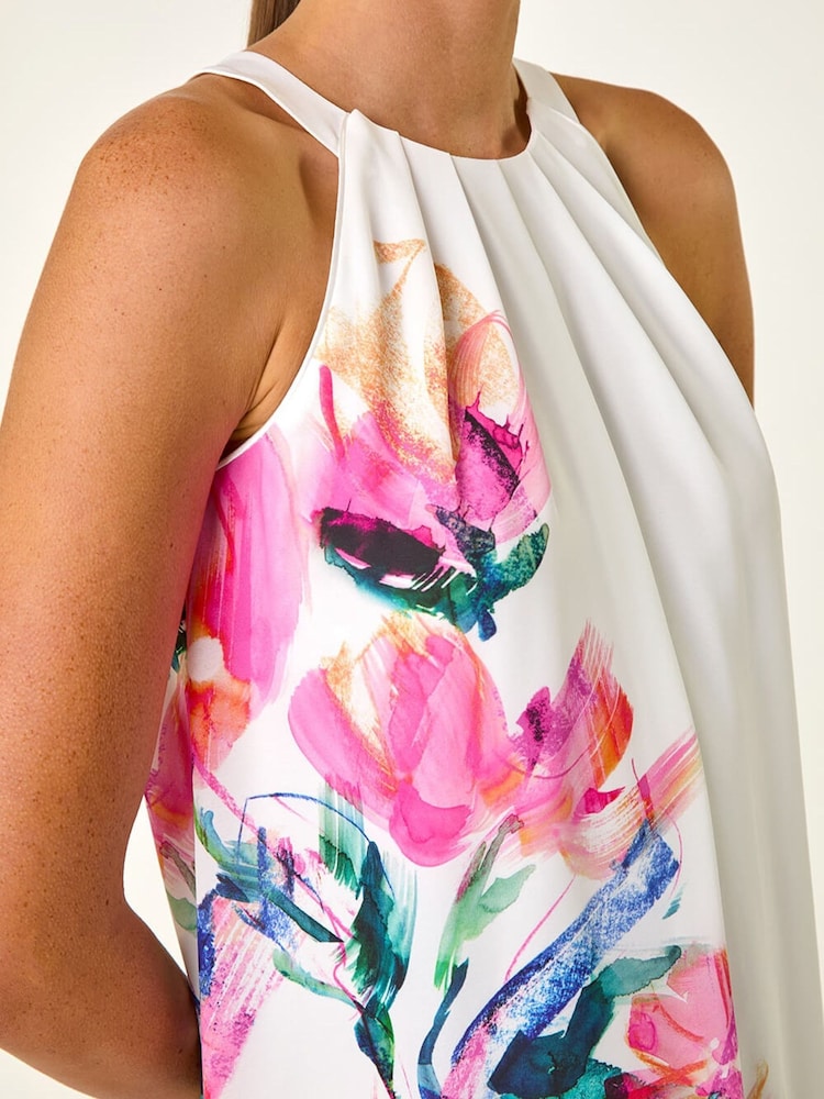 Roman Pink Floral Placement Halter Neck Midi Dress - Image 5 of 5