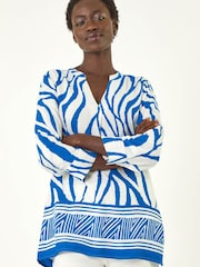 Roman Blue Abstract Print Border Pleat Top - Image 1 of 5