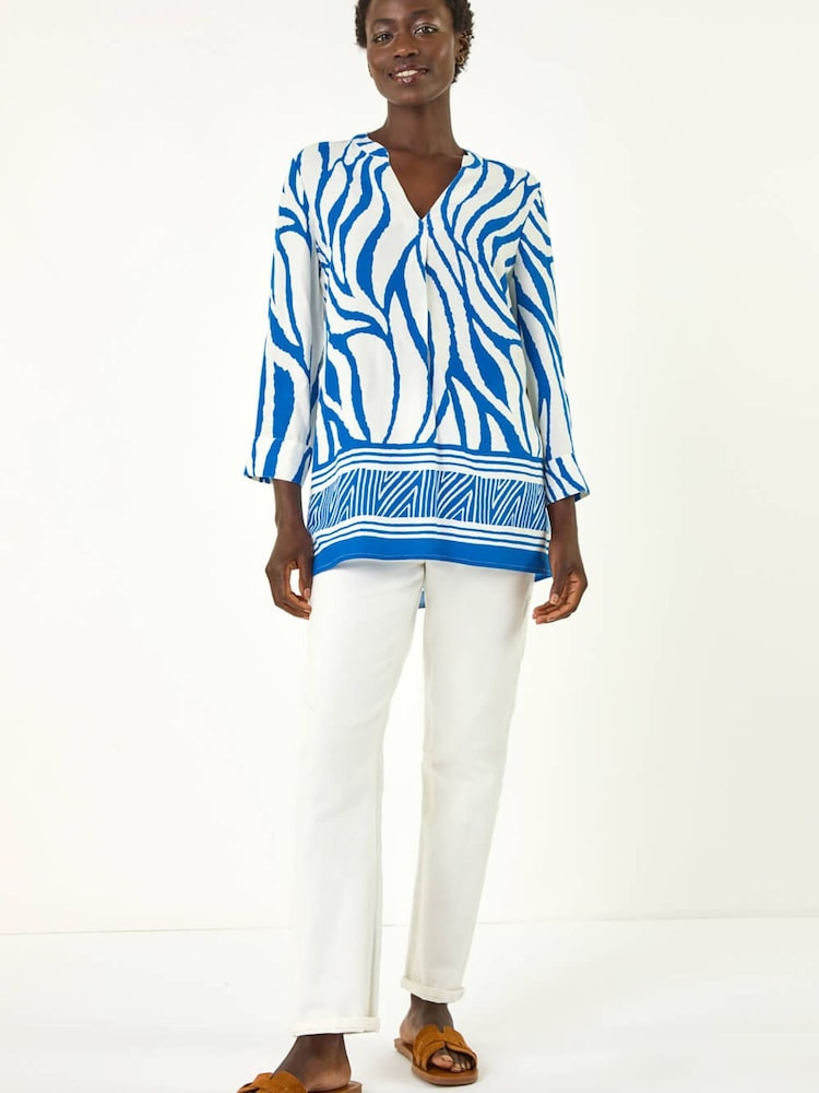 Roman Blue Abstract Print Border Pleat Top - Image 2 of 5