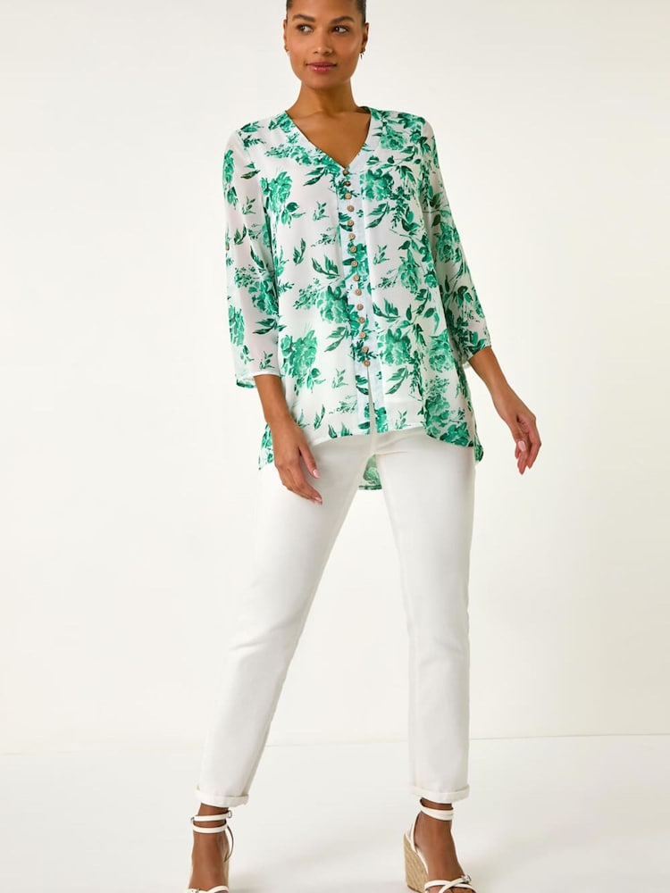 Roman Green Floral Print V-Neck Button Front Top - Image 2 of 5 Roman Green Floral Print V-Neck Button Front Top - Image 2 of 5