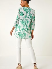 Roman Green Floral Print V-Neck Button Front Top - Image 3 of 5