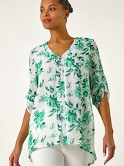Roman Green Floral Print V-Neck Button Front Top - Image 4 of 5