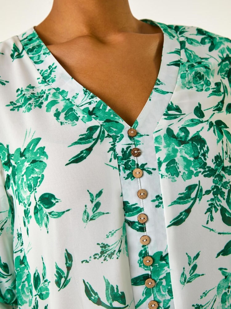 Roman Green Floral Print V-Neck Button Front Top - Image 5 of 5 Roman Green Floral Print V-Neck Button Front Top - Image 5 of 5