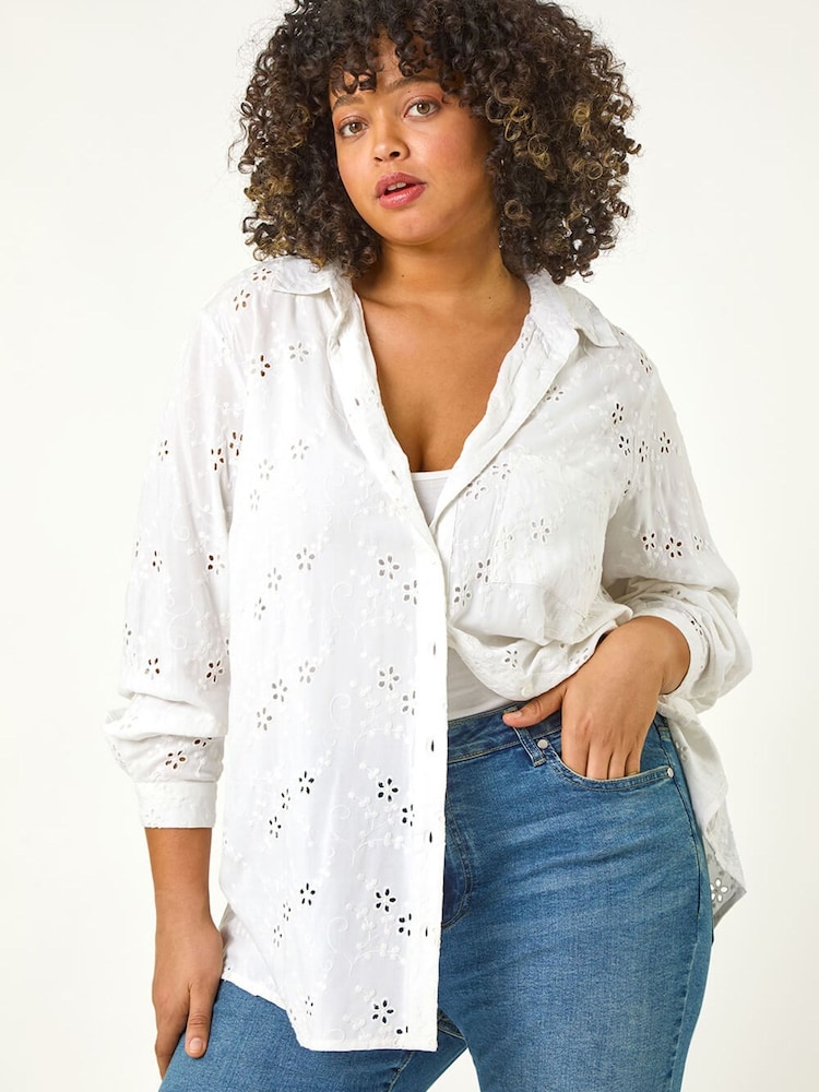 Roman White Curve Broderie Collared Shirt - Image 1 of 5 Roman White Curve Broderie Collared Shirt - Image 1 of 5
