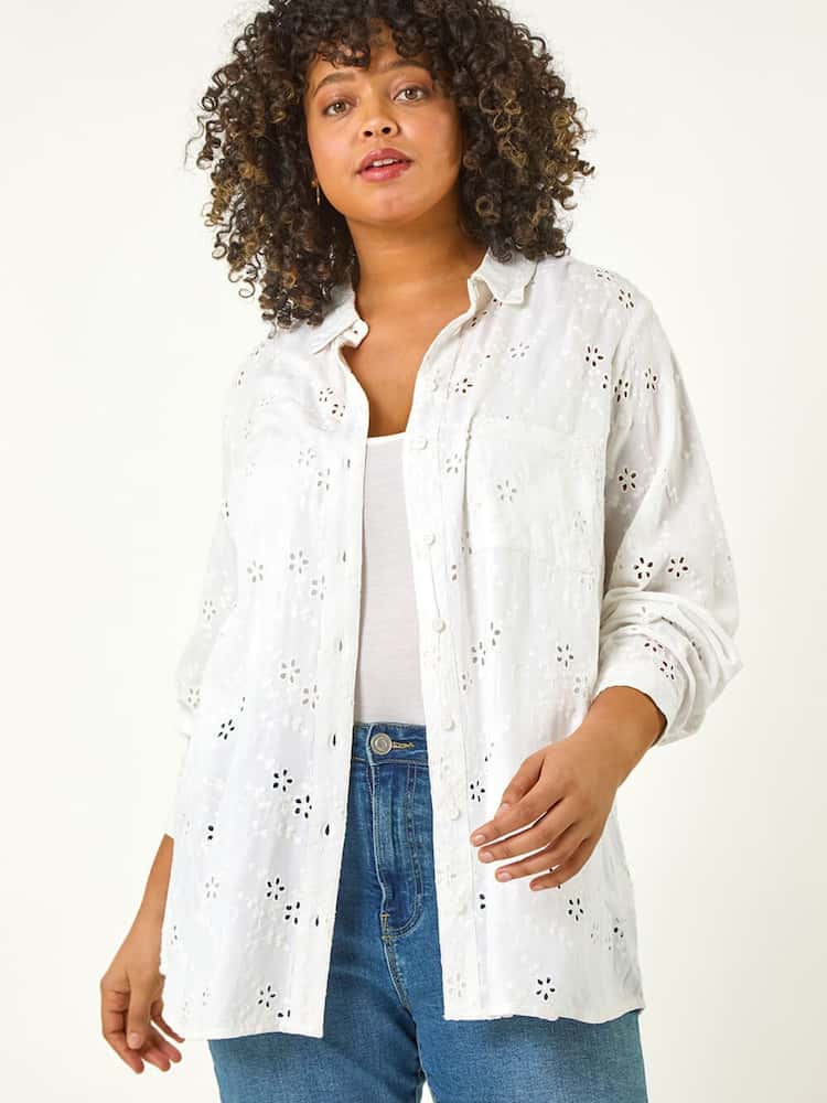 Roman White Curve Broderie Collared Shirt - Image 2 of 5 Roman White Curve Broderie Collared Shirt - Image 2 of 5