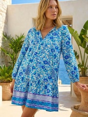 Roman Blue Floral Print Border Smock Dress - Image 1 of 4