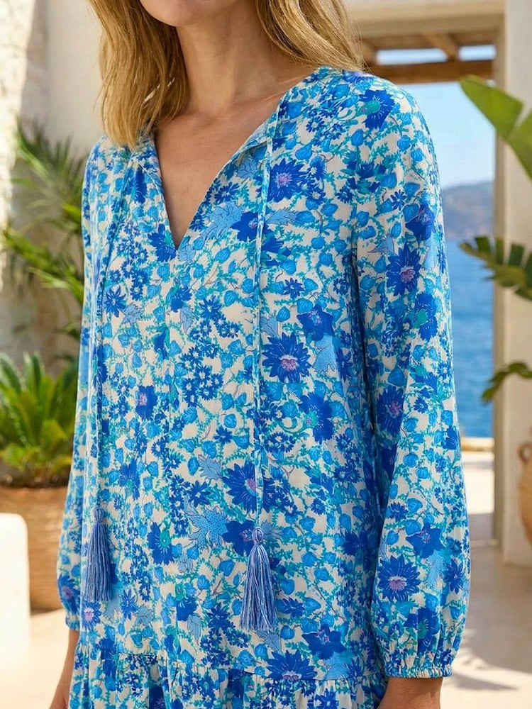 Roman Blue Floral Print Border Smock Dress - Image 2 of 4