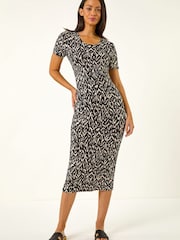 Roman Black Abstract Print Stretch Midi Dress - Image 2 of 5