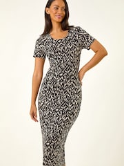 Roman Black Abstract Print Stretch Midi Dress - Image 4 of 5