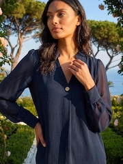 Roman Blue Chiffon Sleeve V-Neck Pleated Top - Image 1 of 4