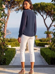 Roman Blue Chiffon Sleeve V-Neck Pleated Top - Image 3 of 4