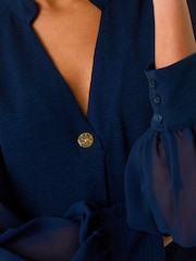 Roman Blue Chiffon Sleeve V-Neck Pleated Top - Image 4 of 4