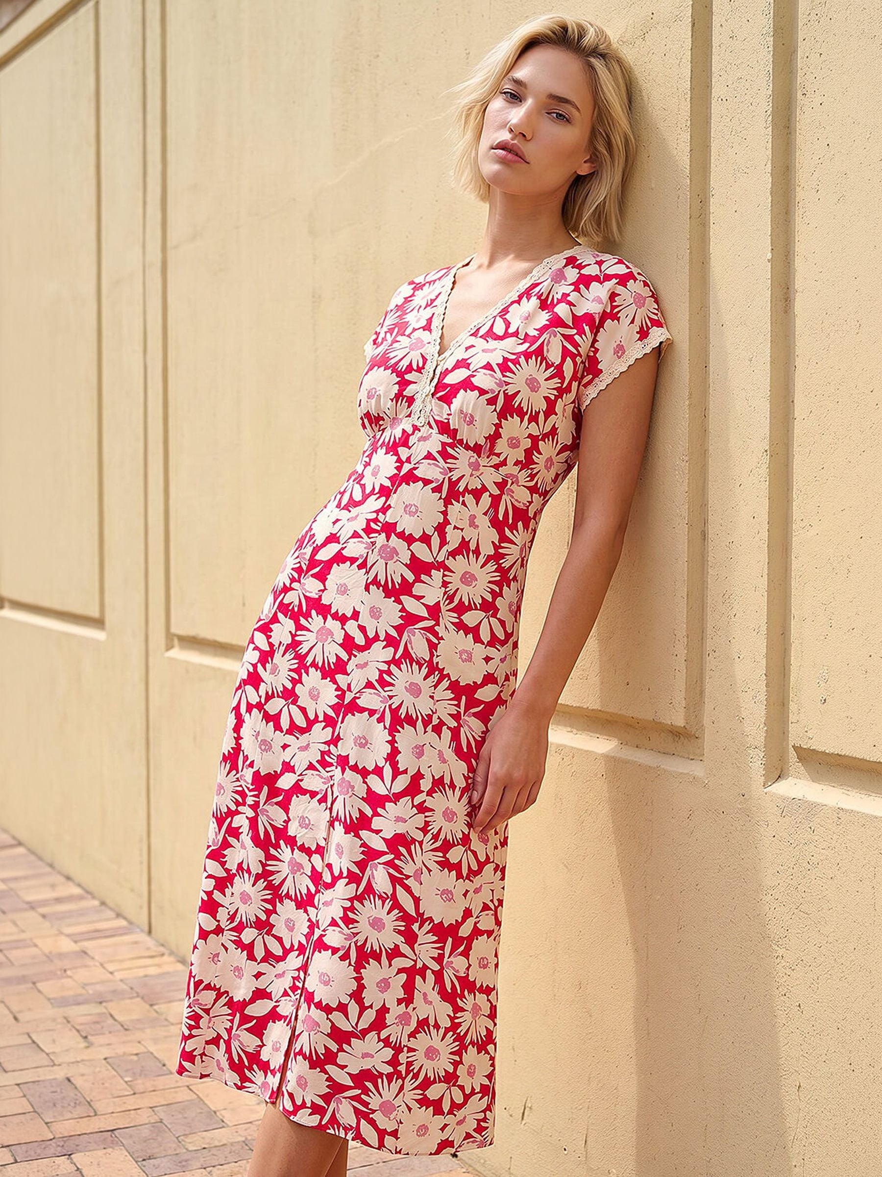 Roman Women's Red Ditsy Lace Trim Midi Dress