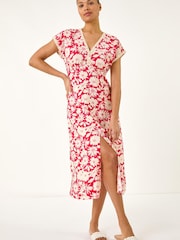 レッド - Roman 小花柄 レーストリム ミディワンピース - 画像 2 / 5