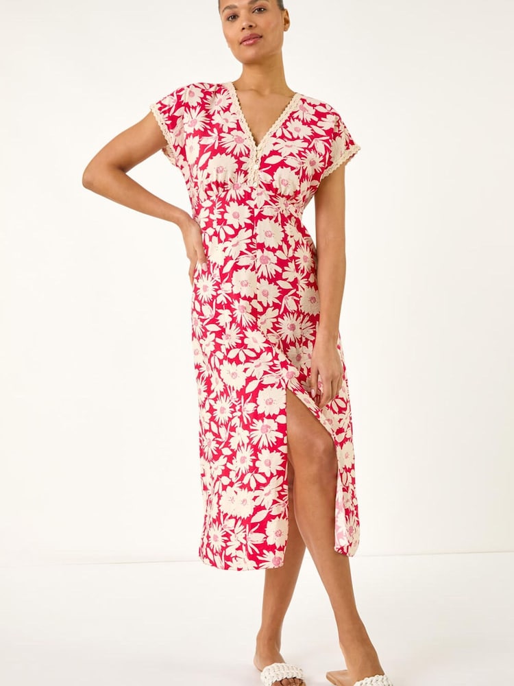 レッド - Roman 小花柄 レーストリム ミディワンピース - 画像 2 / 5