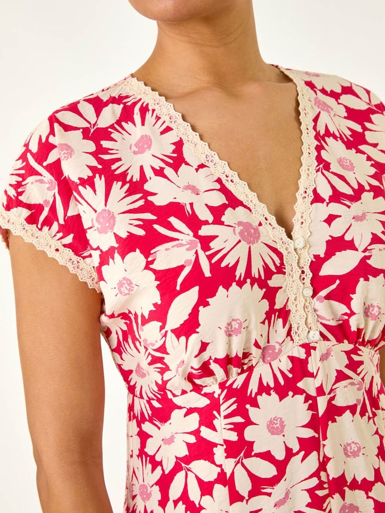 レッド - Roman 小花柄 レーストリム ミディワンピース - 画像 5 / 5