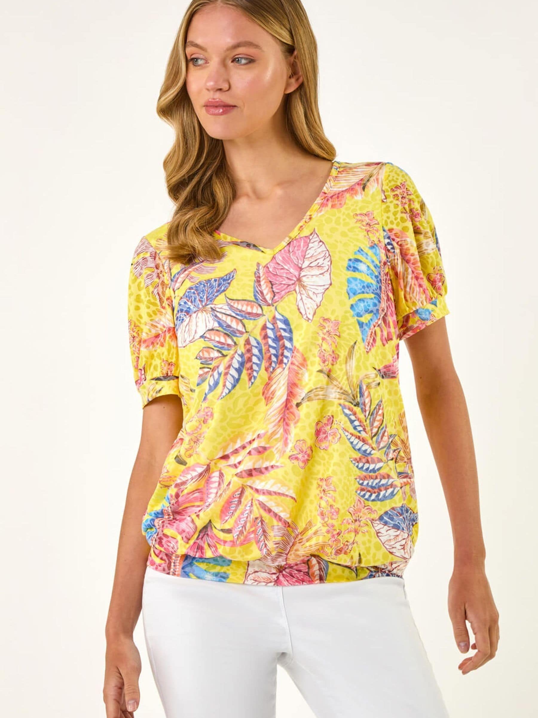 Buy Roman Yellow Floral Print Bubble Hem T-Shirt from Next USA