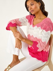 Roman Pink Colour Block Crochet Knit Scalloped Jumper - Image 1 of 5