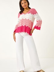 Roman Pink Colour Block Crochet Knit Scalloped Jumper - Image 2 of 5