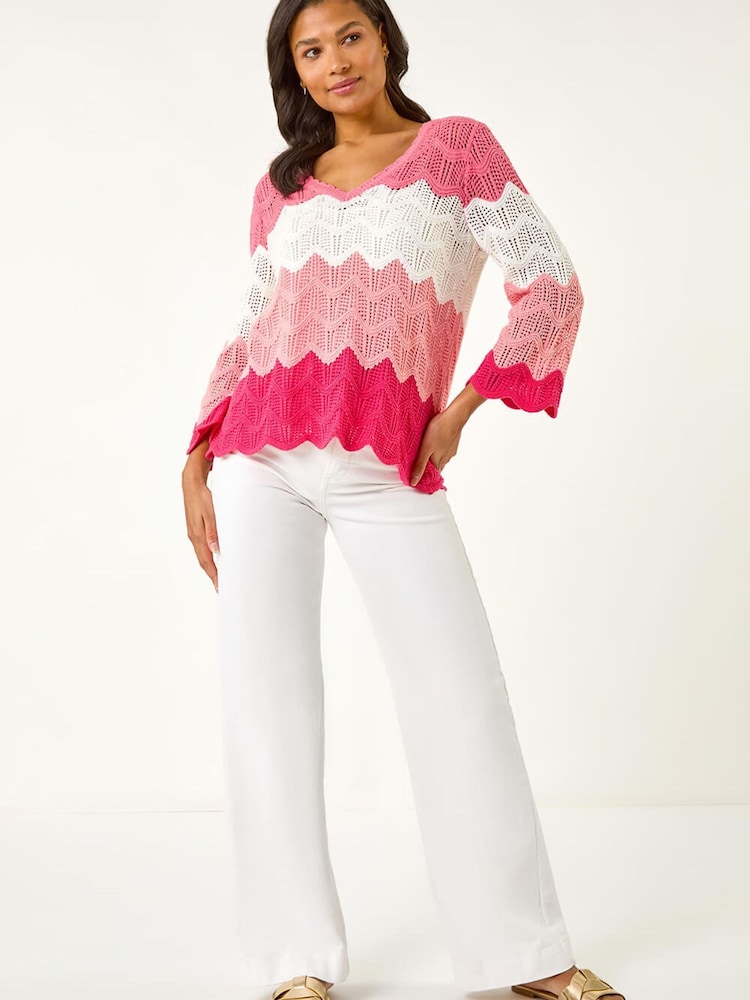 Roman Pink Colour Block Crochet Knit Scalloped Jumper - Image 2 of 5