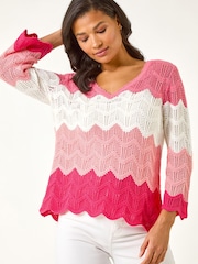 Roman Pink Colour Block Crochet Knit Scalloped Jumper - Image 4 of 5