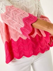 Roman Pink Colour Block Crochet Knit Scalloped Jumper - Image 5 of 5