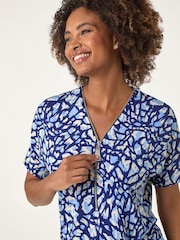 Roman Blue Abstract Print Zip Front Stretch Top - Image 1 of 5